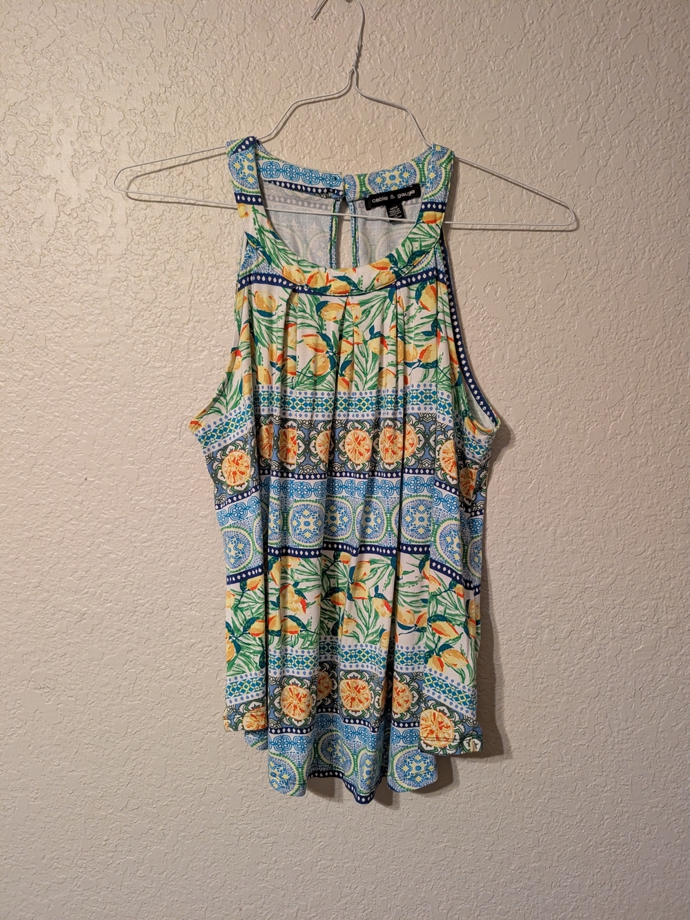 Floral Mosaic Lemon Garden High-Neck Tank Top in Blue & Yellow, Size M